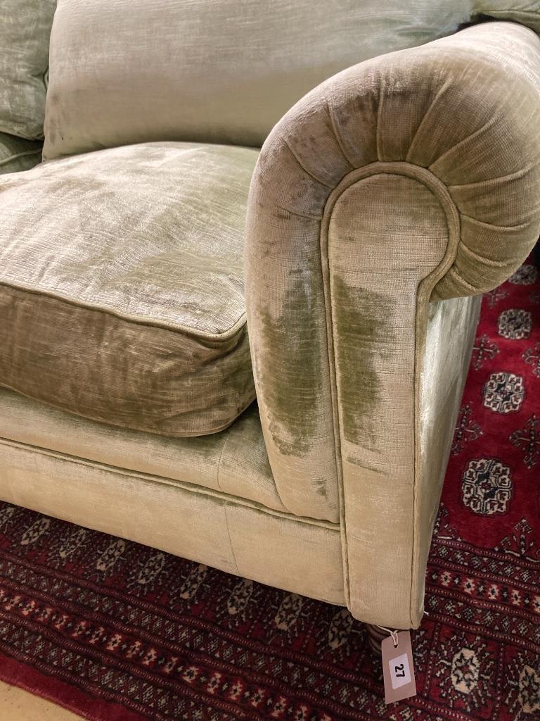 A George Smith two seater settee upholstered in pale green velvet, length 190cm, depth 90cm, height 82cm